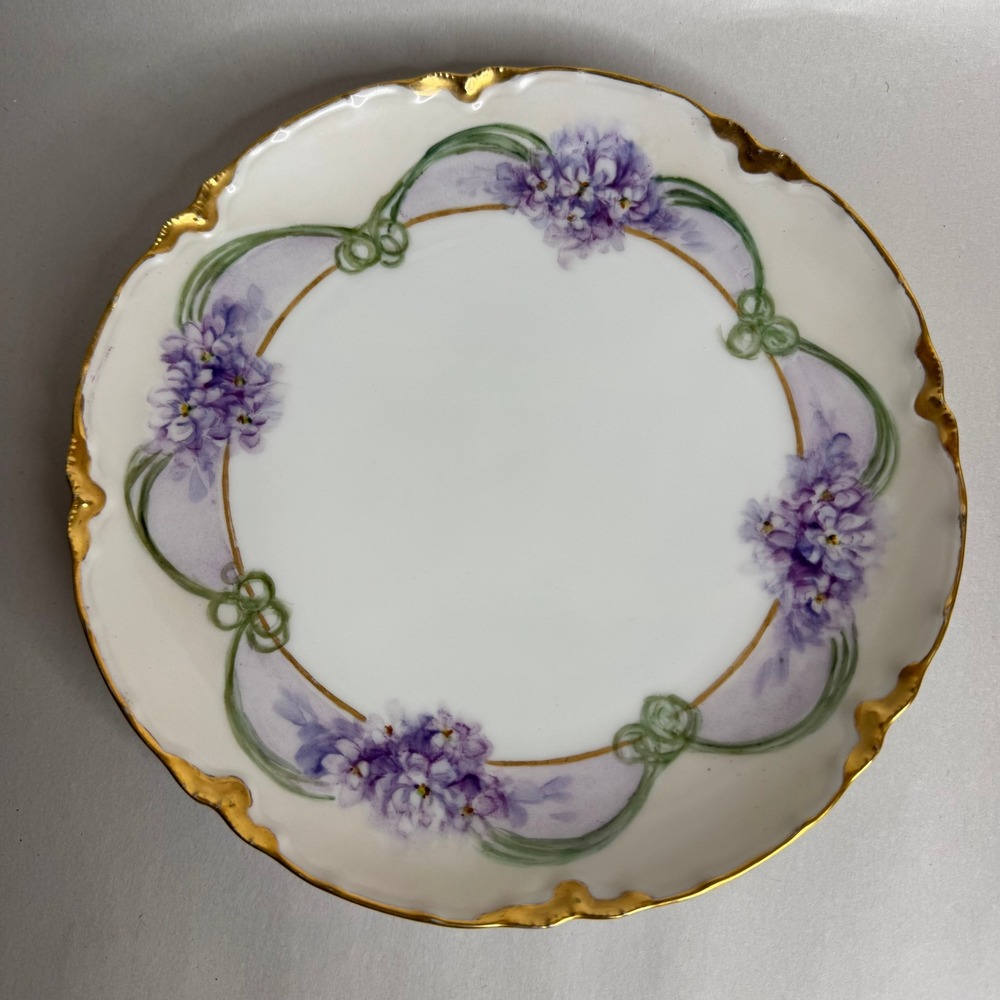 Haviland France Limoges Porcelain Plate Purple Flowers Gold Scalloped Rim 8.5"
